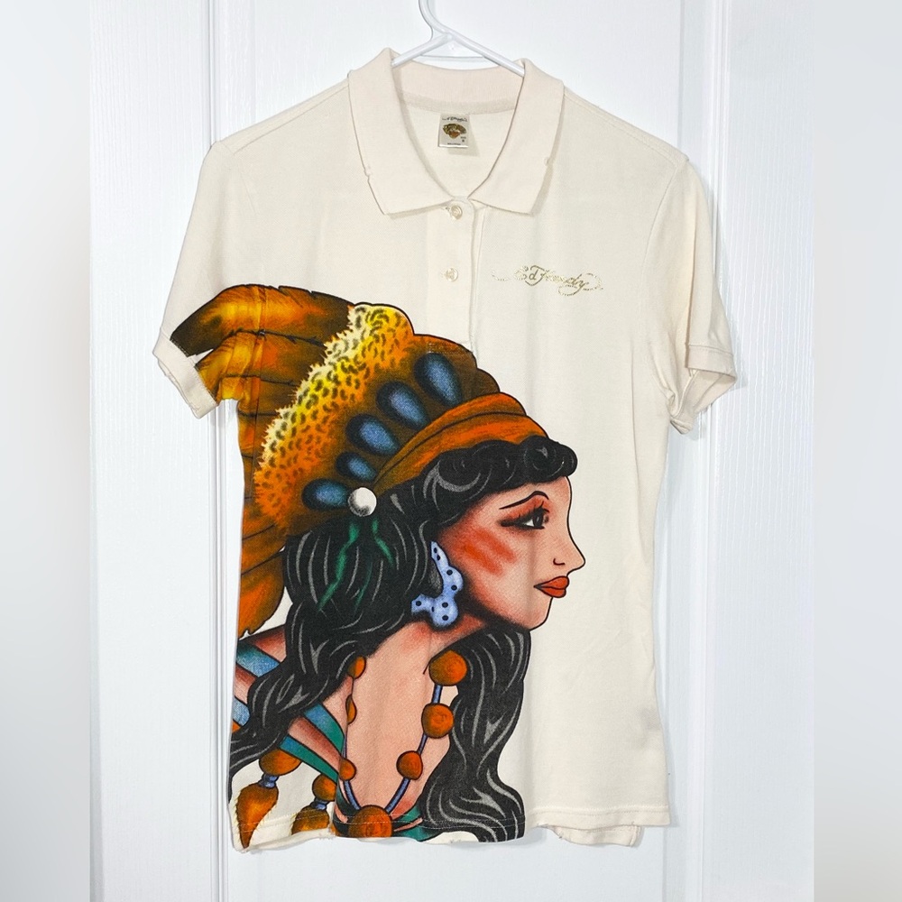 Y2K VTG Ed Hardy Native Girl Airbrush Distressed Polo Shirt Cream Size Medium